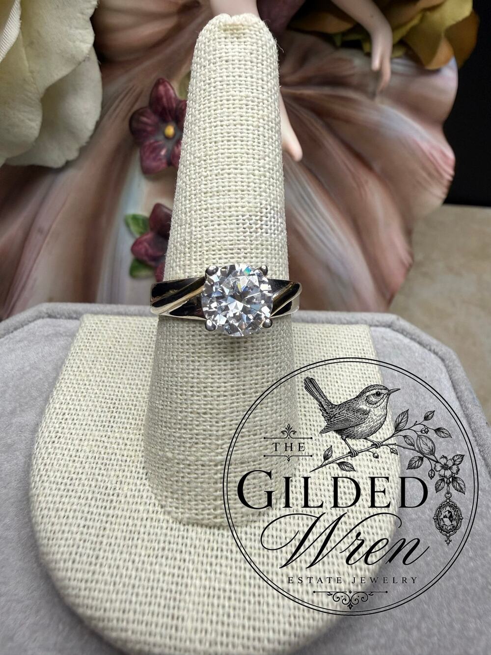 Sterling Silver Two Tone Bypass Solitaire Ring 8mm CZ Size 9 925 Engagement